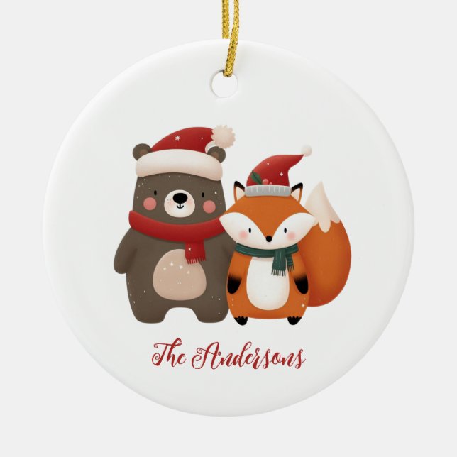 Christmas/Winter Cute Bear & Fox Ceramic Ornament (Front)