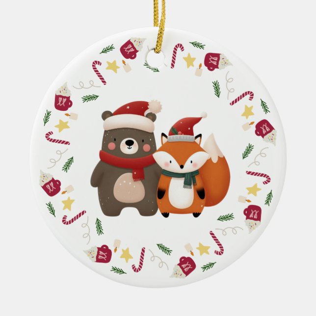 Christmas/Winter Cute Bear & Fox Ceramic Ornament (Front)