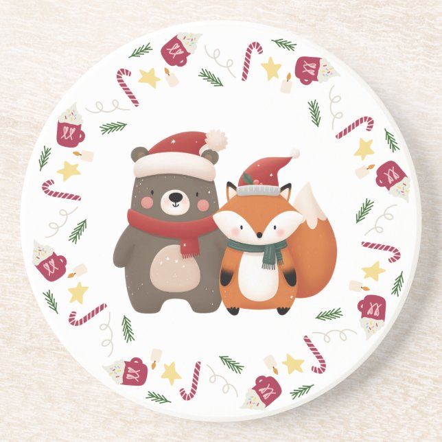 Christmas/Winter Cute Bear & Fox Coaster (Front)