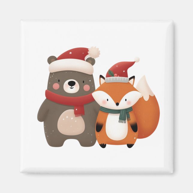 Christmas/Winter Cute Bear & Fox Magnet (Front)