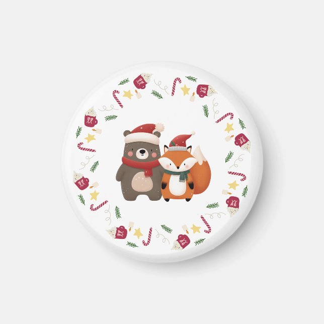 Christmas/Winter Cute Bear & Fox Magnet (Front)