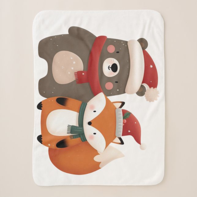 Christmas/Winter Cute Bear & Fox Sherpa Blanket (Front)