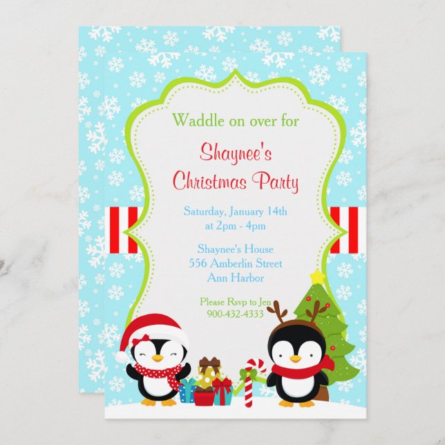 Christmas Winter Cute Penguins Invitation (Front/Back)