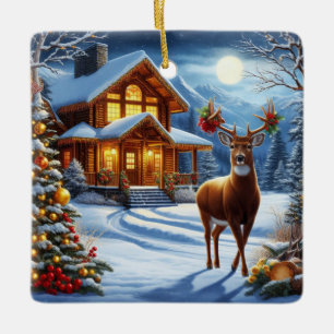 Christmas/Winter Deer Lodge Ceramic Ornament