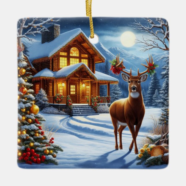 Christmas/Winter Deer Lodge Ceramic Ornament (Front)