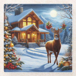 Christmas/Winter Deer Lodge Glass Coaster