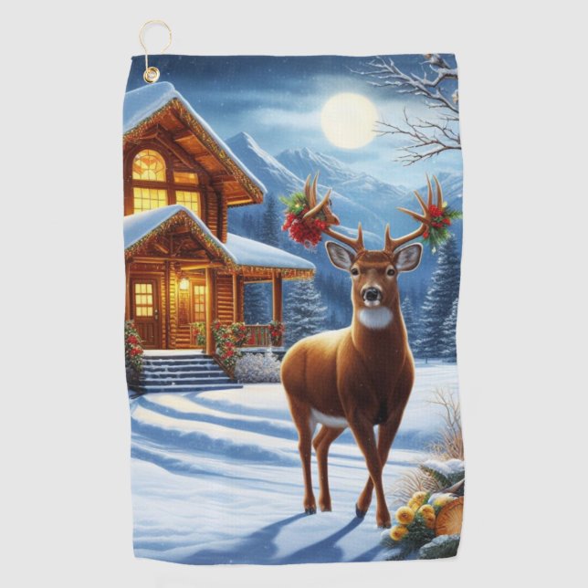 Christmas/Winter Deer Lodge Golf Towel (Front)