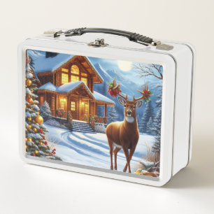 Christmas/Winter Deer Lodge Metal Lunch Box