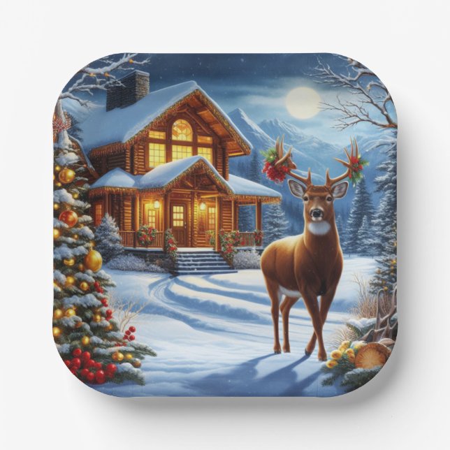 Christmas/Winter Deer Lodge Paper Plate (Front)