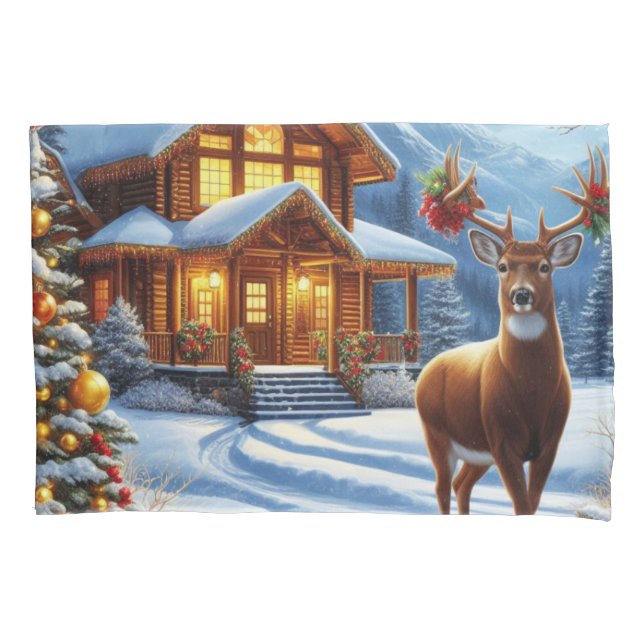 Christmas/Winter Deer Lodge Pillowcase (Front)