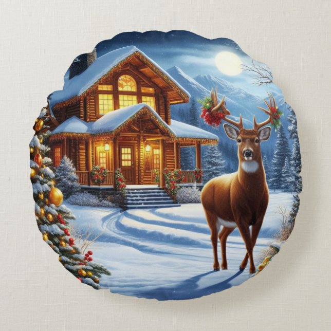 Christmas/Winter Deer Lodge Round Pillow (Front)