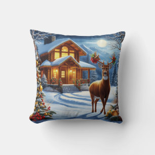 Christmas/Winter Deer Lodge Throw Pillow