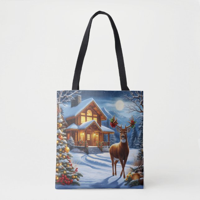 Christmas/Winter Deer Lodge Tote Bag (Front)