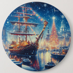 Christmas/Winter docked ship 6 Inch Round Button