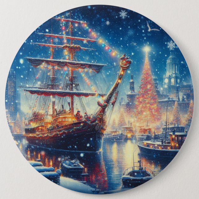 Christmas/Winter docked ship 6 Inch Round Button (Front)