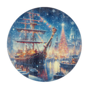Christmas/Winter docked ship Cutting Board