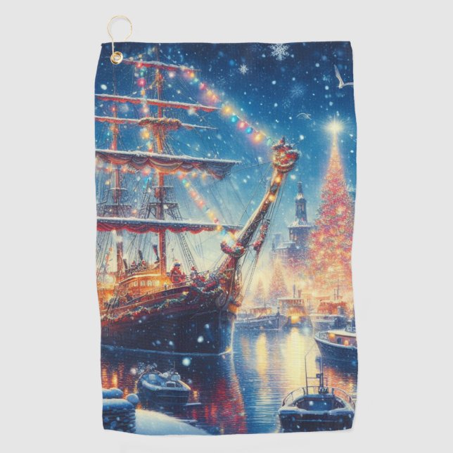Christmas/Winter docked ship Golf Towel (Front)