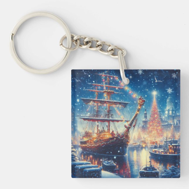 Christmas/Winter docked ship Keychain (Front)