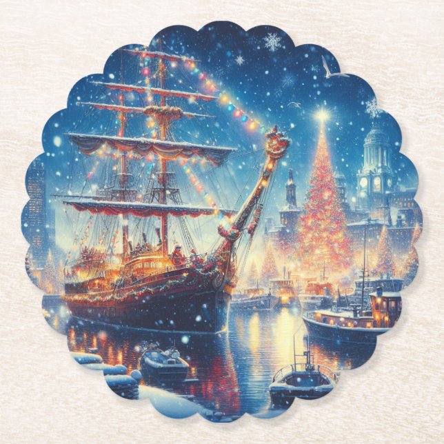 Christmas/Winter docked ship Paper Coaster (Front)