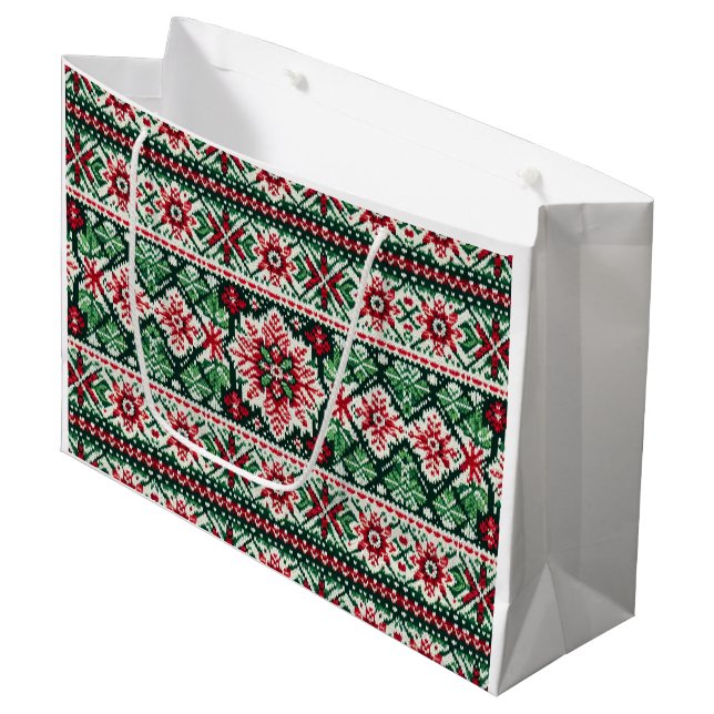 Christmas/Winter fair isle red & green Large Gift Bag (Front Angled)