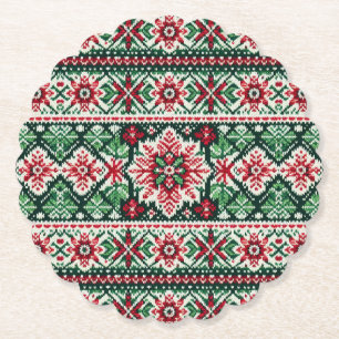 Christmas/Winter fair isle red & green Paper Coaster