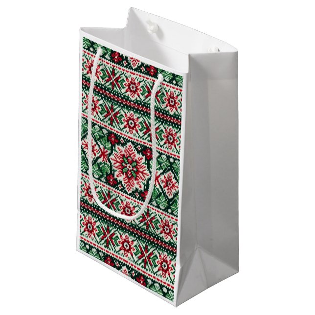 Christmas/Winter fair isle red & green Small Gift Bag (Front Angled)
