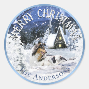 Christmas Winter Fairy Tale, Tricolor Collie Dog - Classic Round Sticker