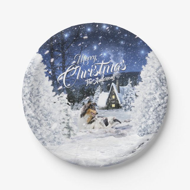 Christmas Winter Fairy Tale, Tricolor Collie Dog - Paper Plate (Front)