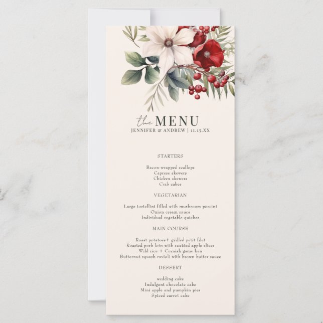 Christmas Winter Floral Elegant Wedding Menu (Front)