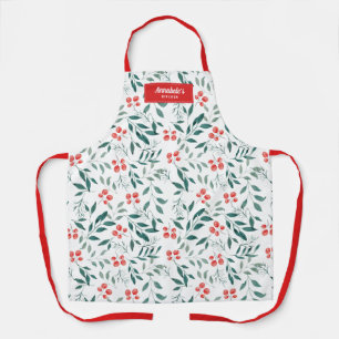 Christmas Winter Floral Watercolor Blue Green Apron