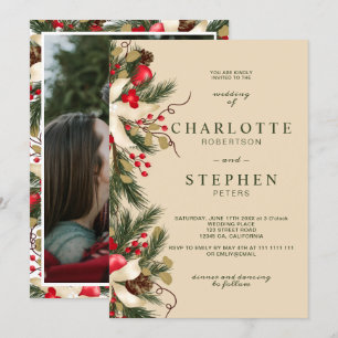 Christmas winter floral watercolor wedding photo i invitation