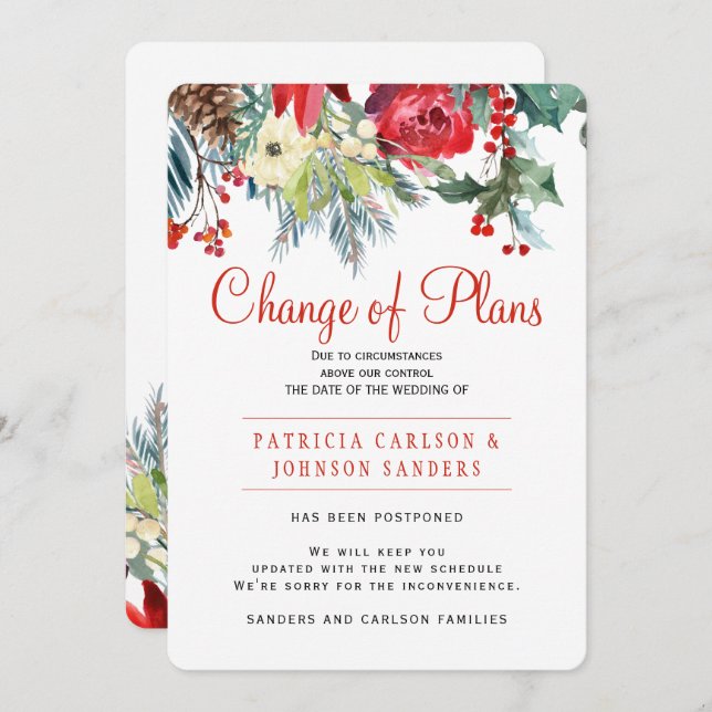 Christmas winter floral wedding change of plans invitation (Front/Back)