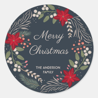 Christmas Winter flowers and berries wreath  Classic Round Sticker