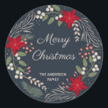 Christmas Winter flowers and berries wreath  Classic Round Sticker<br><div class="desc">Cute Christmas / Winter flower wreath,  with red poinsettia,  berries,  pine leaves and winter heather</div>