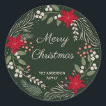 Christmas Winter flowers and berries wreath Classic Round Sticker<br><div class="desc">Cute Christmas / Winter flower wreath,  with red poinsettia,  berries,  pine leaves and winter heather</div>