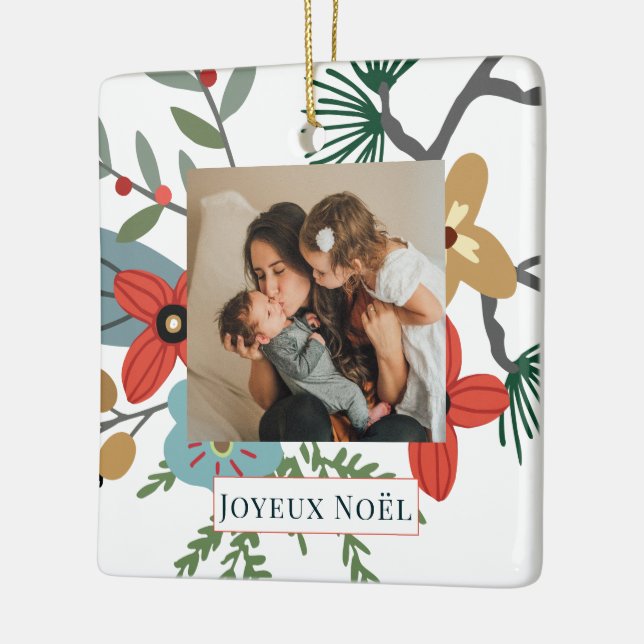 Christmas Winter Flowers Joyeux Noël Holiday Photo Ceramic Ornament (Left)
