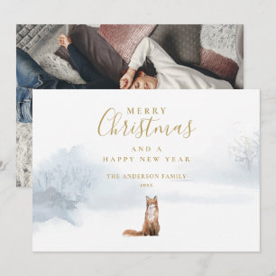 Christmas Winter Fox Elegant Gold Script Photo Holiday Card