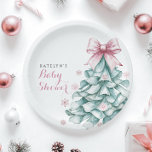 Christmas Winter Girl Baby Shower Paper Plate<br><div class="desc">Celebrate the arrival of your little girl with this charming winter-themed baby shower Paper Plates. Featuring a teal Christmas tree adorned with a delicate blush pink bow and surrounded by pastel snowflakes, this elegant design blends festive charm with a soft, coquette touch. Perfect for creating a memorable winter baby shower...</div>