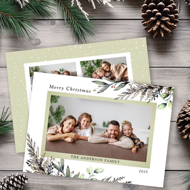 Christmas Winter Greenery 3 Photos Message Holiday Card (Creator Uploaded)