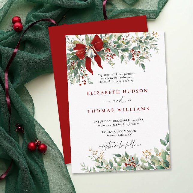 Christmas Winter Greenery Bow Bells Rustic Wedding Invitation (christmas wedding invitation card template design winter greenery bells watercolor botanical rustic )