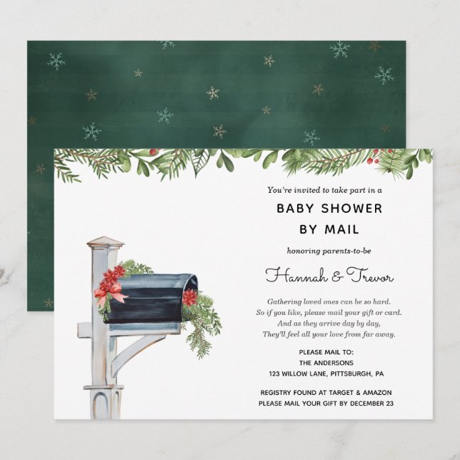 Christmas Winter Greenery Mailbox Shower by Mail Invitation (Front/Back)