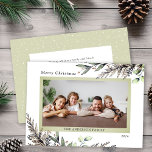 Christmas Winter Greenery Photo Message Holiday Card<br><div class="desc">This elegant Christmas card offers space for a horizontal photo on the front and custom text for a personal message on the back. The design is accented with stylish watercolor winter greenery. The greeting reads "Merry Christmas".</div>