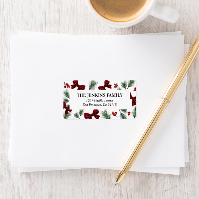 Christmas Winter Greenery Red Bow Label (Insitu)