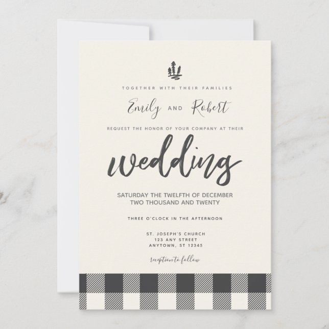 Christmas Winter Grey Buffalo Plaid Wedding Invitation (Front)