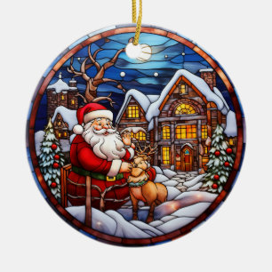 Christmas winter house  stained glass style ceramic ornament