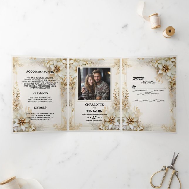 Christmas Winter Ivory Beige Minimal Personalized Tri-Fold Invitation (Inside)