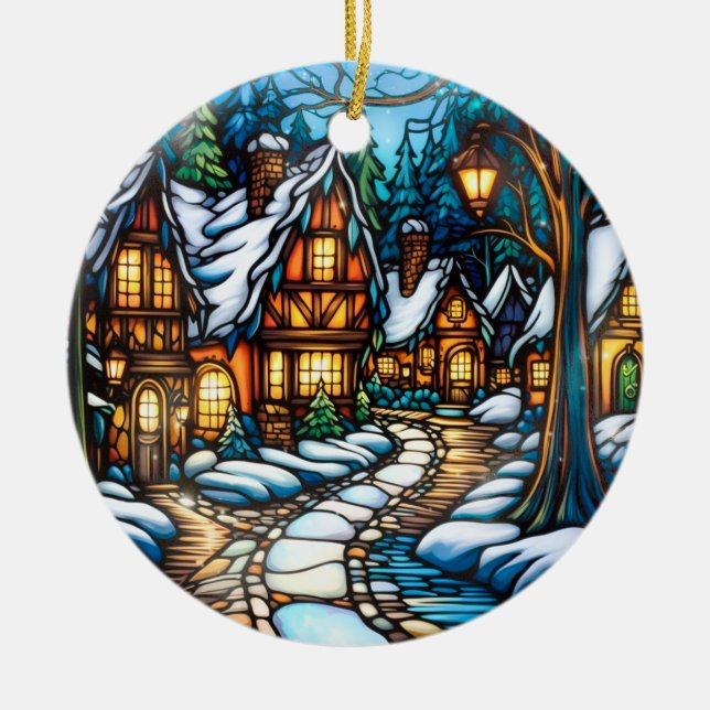 Christmas Winter Landscape stained glass style Ceramic Ornament (Front)