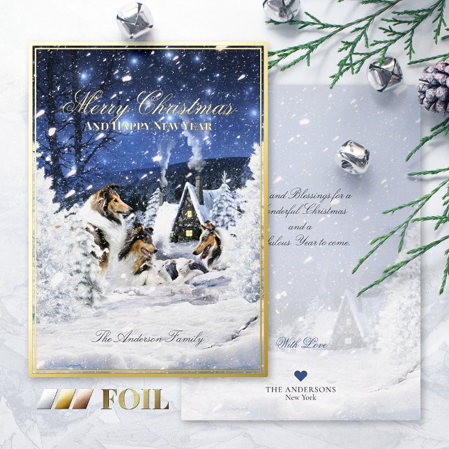 Christmas Winter Magic, Rough Collies & Lambs - Foil Holiday Card (Creator Uploaded)