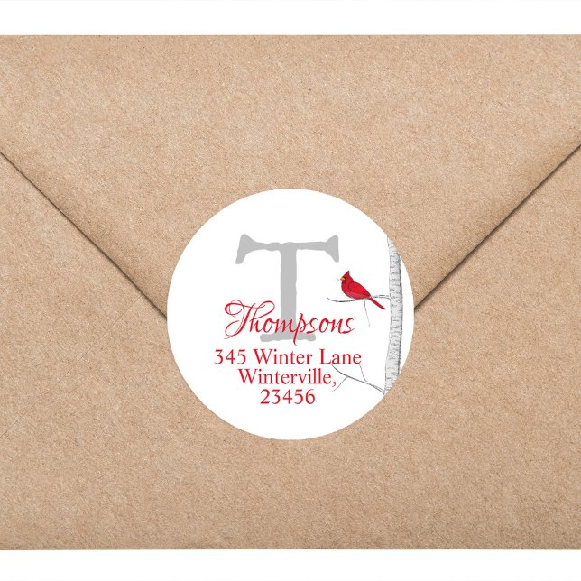 Christmas Winter Minimalist Monogram Red Cardinal Classic Round Sticker (Simple winter minimalist red cardinal on a birch tree branch. )