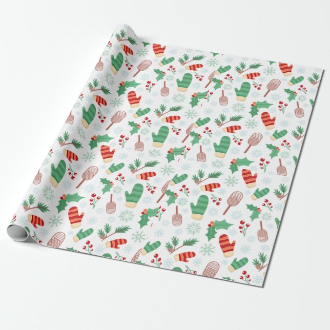 Christmas Winter Mittens & Holly Wrapping Paper (Unrolled)